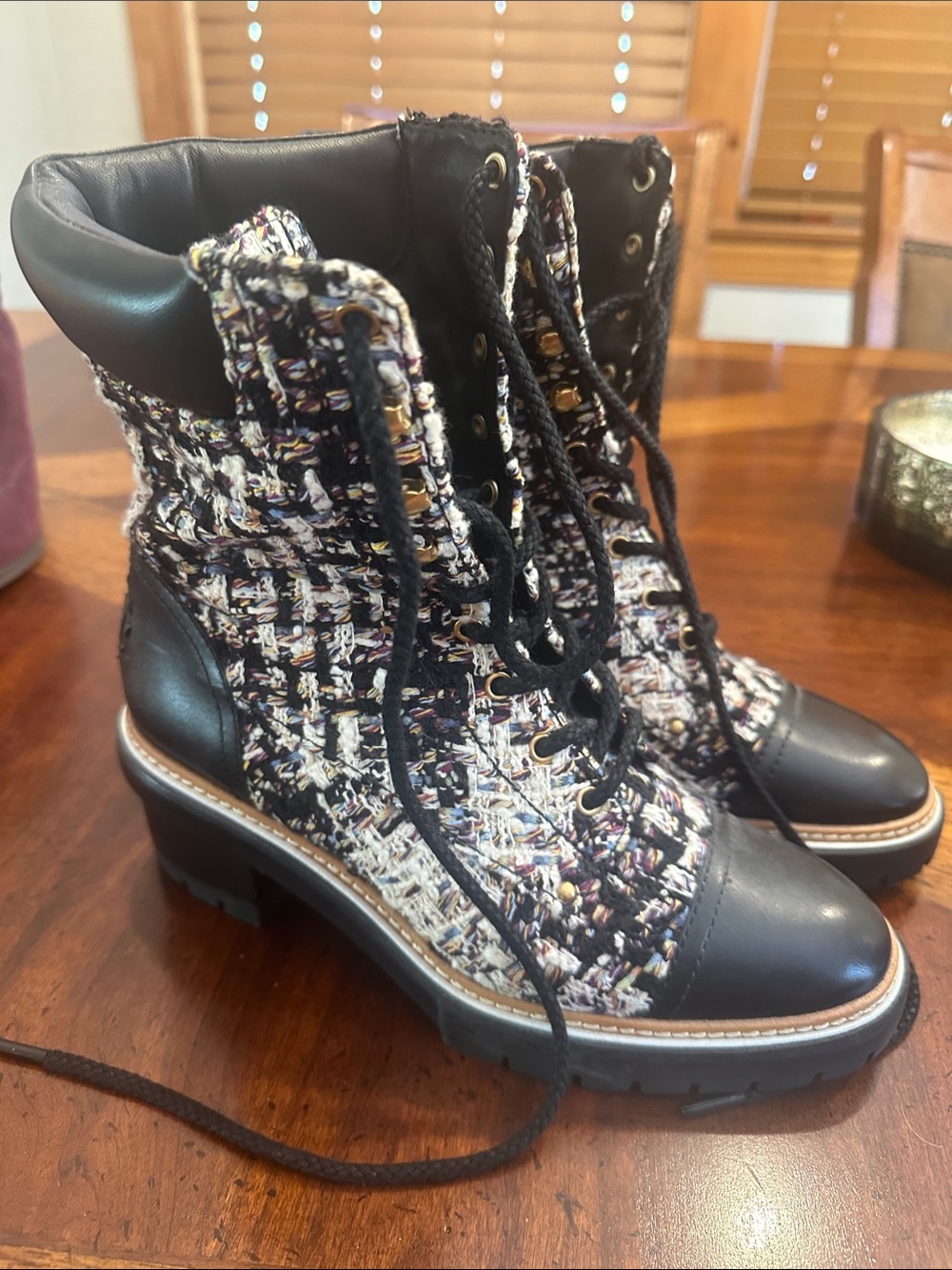 Tweed Lace-Up Combat Boots - Black & Multicolor